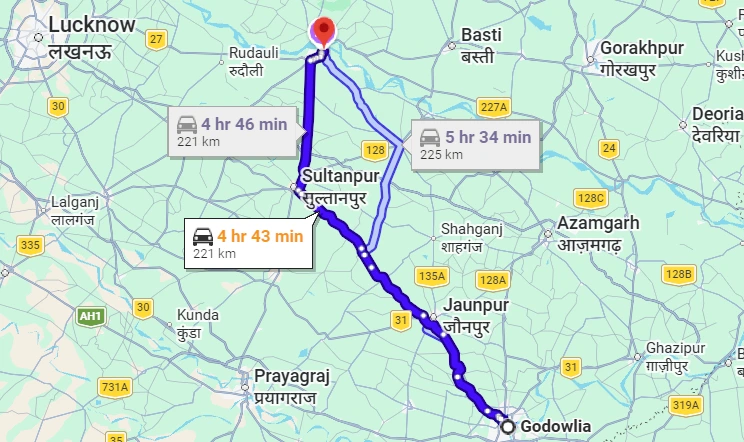 Godowlia to Ayodhya Route Map