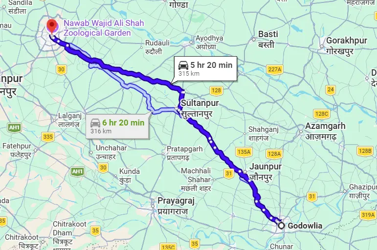 Godowlia to Lucknow Route Map