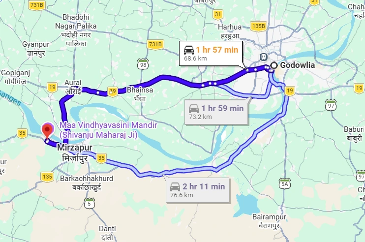 Godowlia to Vindhyachal Route Map