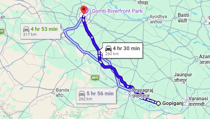 Gopiganj to Lucknow Route Map