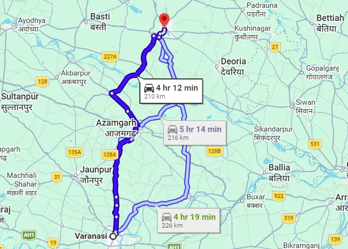 Varanasi to Gorakhpur Route Map