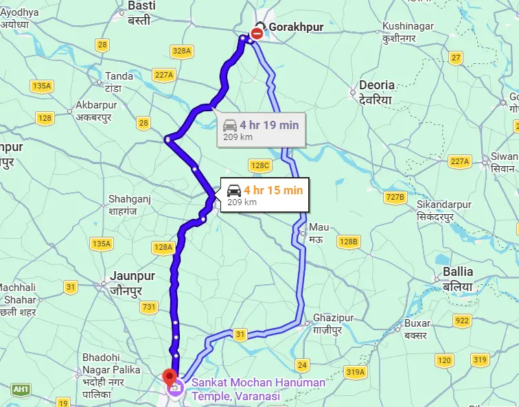 Gorakhpur to Varanasi Route Map