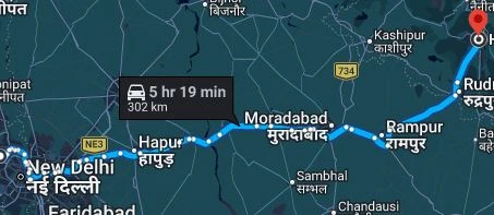 Delhi to Haldwani Route Map