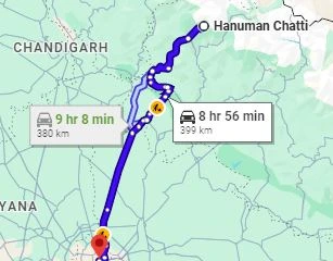 Hanuman Chatti to Delhi Route Map