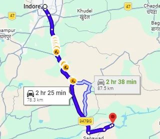 Indore to Omkareshwar Route Map