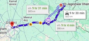 Jageshwar Dham to Delhi Route Map – via Haldwani & Almora