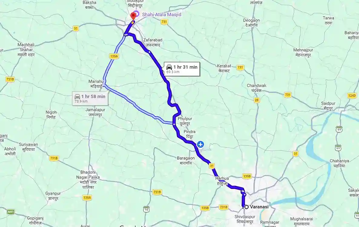 Varanasi to Jaunpur Route Map
