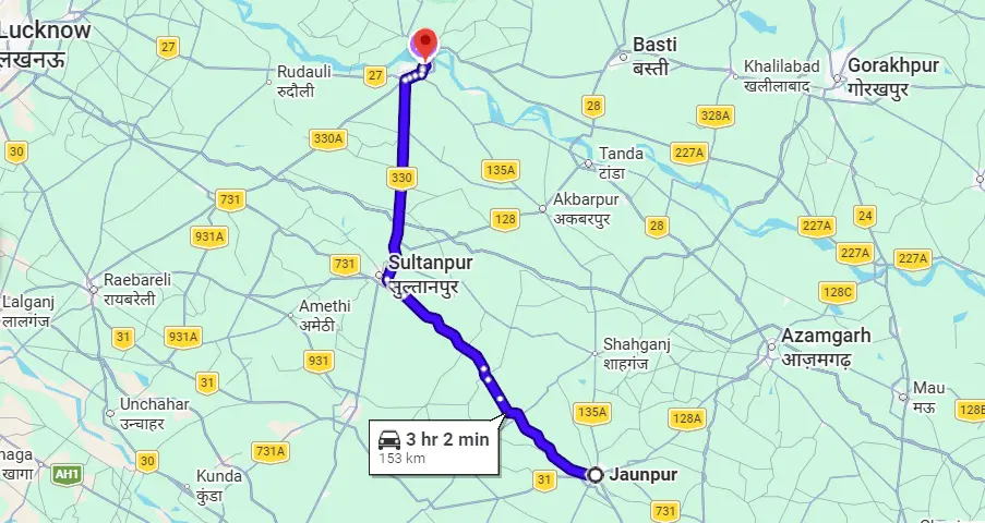 Jaunpur to Ayodhya Route Map