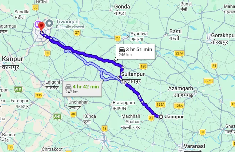 Jaunpur to Lucknow Route Map