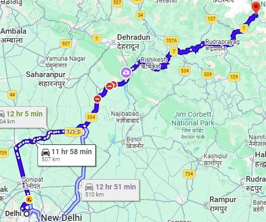 Delhi to Joshimath Route Map