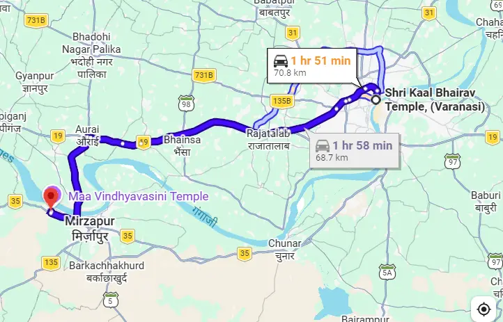 Kal Bhairav Temple to Vindhyachal Route Map