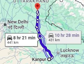 Kanpur to Kainchi Dham  Route Map