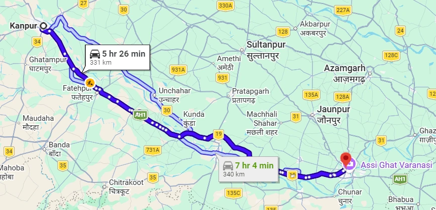 Kanpur to Varanasi Route Map