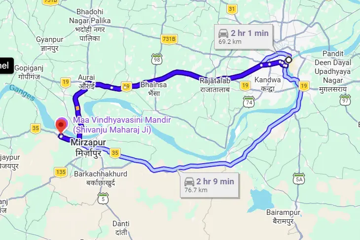 Kashi Vishwanath Temple to Vindhyachal Route Map