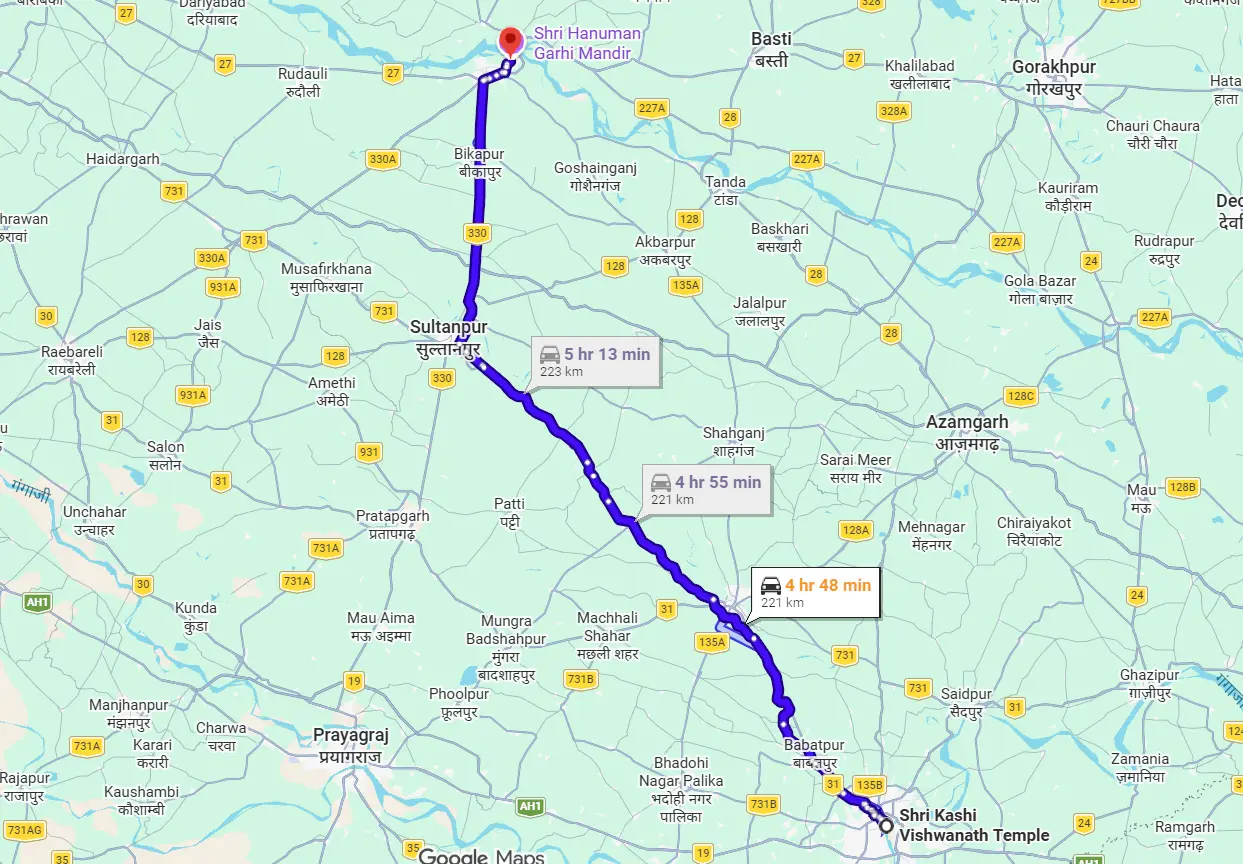 Kashi Vishwanath to Ayodhya Route Map