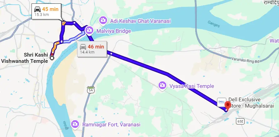 Kashi Vishwanath to Mughalsarai Railway Station Route Map