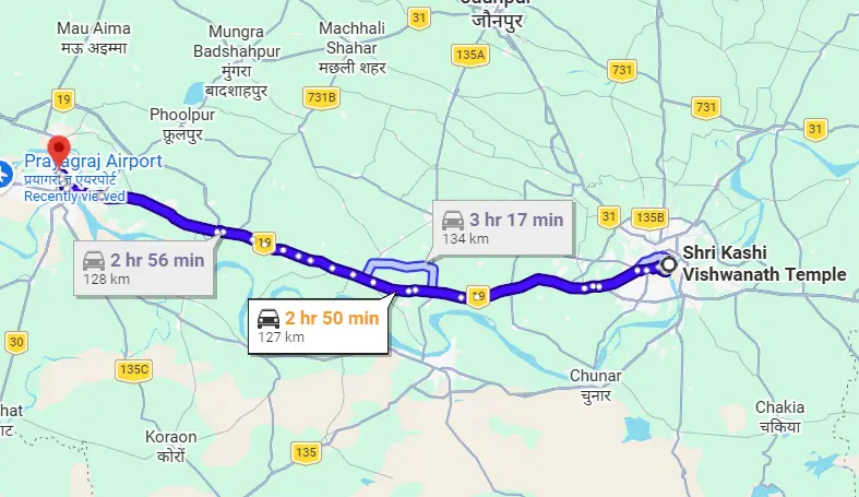 Kashi Vishwanath to Prayagraj Route Map tempo travller