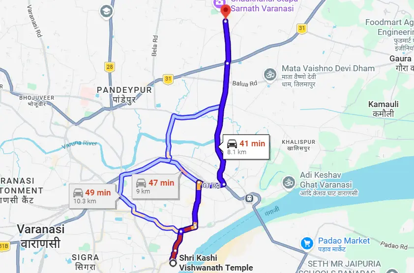Kashi Vishwanath to Sarnath Route Map