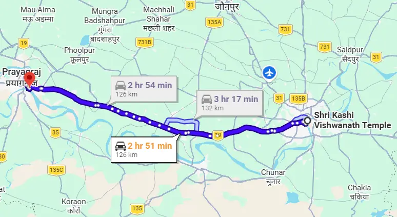 Kashi Vishwanath to Triveni Sangam Route Map
