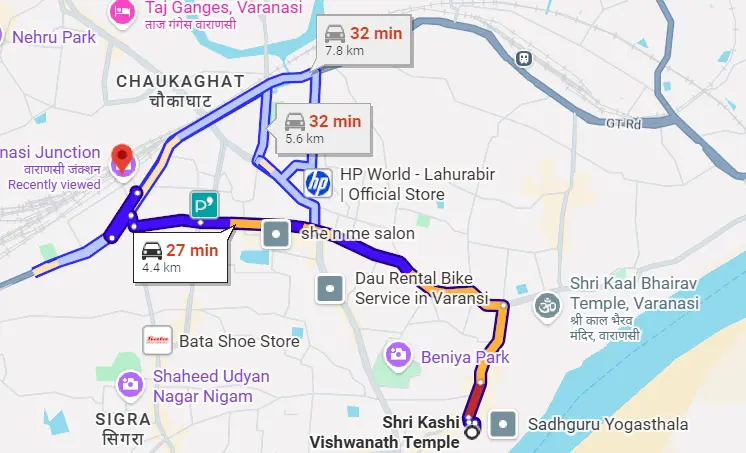 Kashi Vishwanath to Varanasi Junction Railway Station Route Map