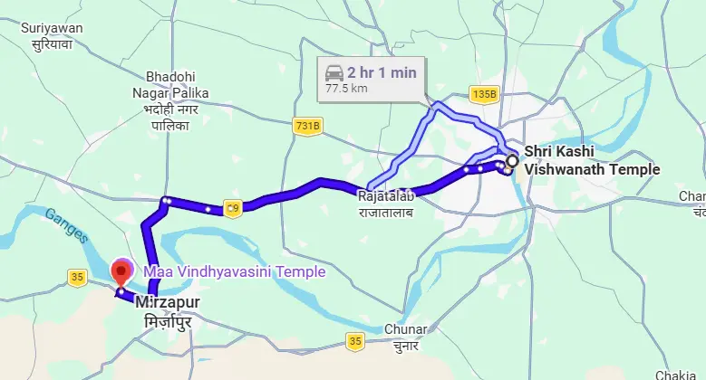 Kashi Vishwanath to Vindhyachal Route Map