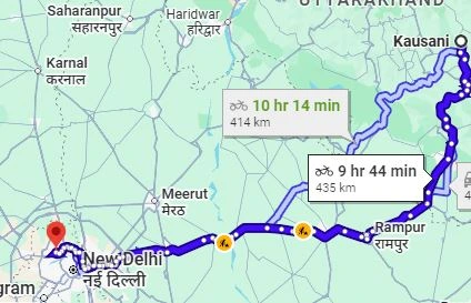 Kausani to Delhi Route Map