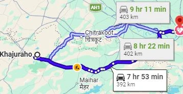 Khajuraho to Varanasi Route Map