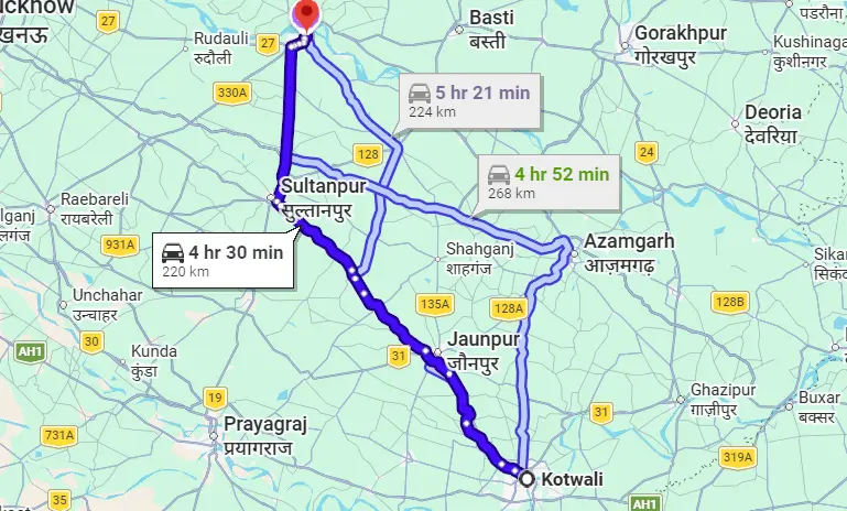 Kotwali to Ayodhya Route Map