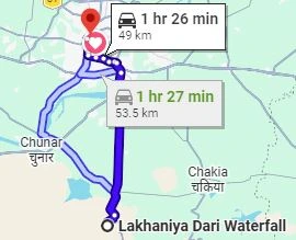 Lakhaniya Dari Waterfall to Varanasi Route Map