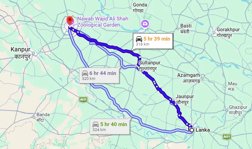 Lanka to Lucknow Route Map