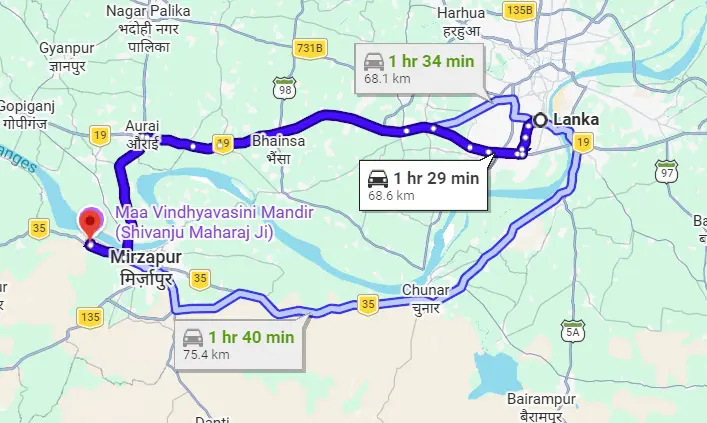 Lanka to Vindhyachal Route Map