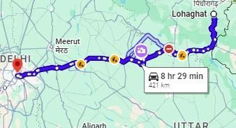 Lohaghat to Delhi Route Map