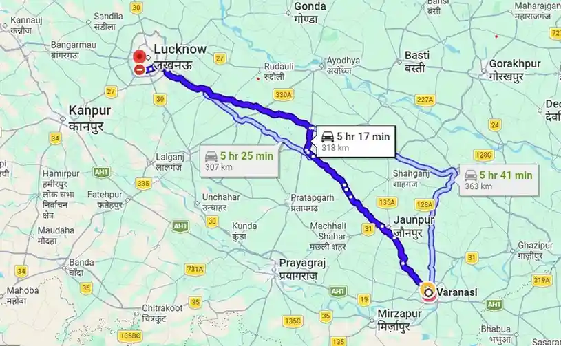 Varanasi to Lucknow Route Map