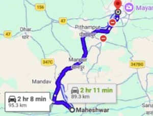 Maheshwar to Indore Route Map