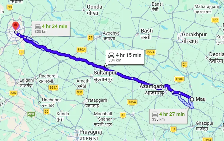 Mau to Lucknow Route Map