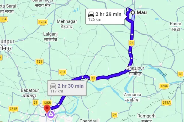Mau to Varanasi Route Map