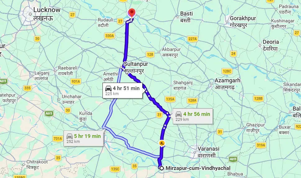 Mirzapur to Ayodhya Route Map