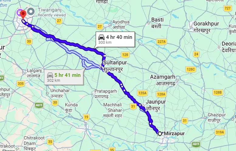 Mirzapur to Lucknow Route Map