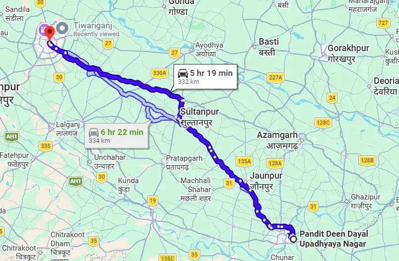 Mughalsarai to Lucknow Route Map