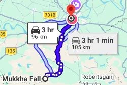 Mukha Waterfall to Varanasi Route Map
