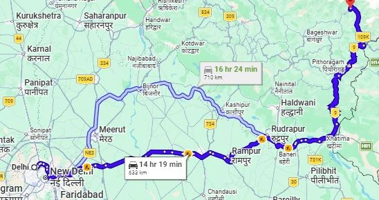 Delhi to Munsiyari  Route Map