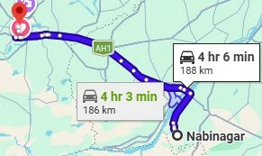 Nabinagar to Varanasi Route Map