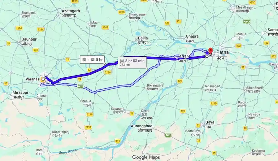 Varanasi to Patna Route Map