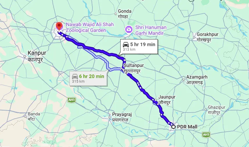 PDR Mall to Lucknow Route Map