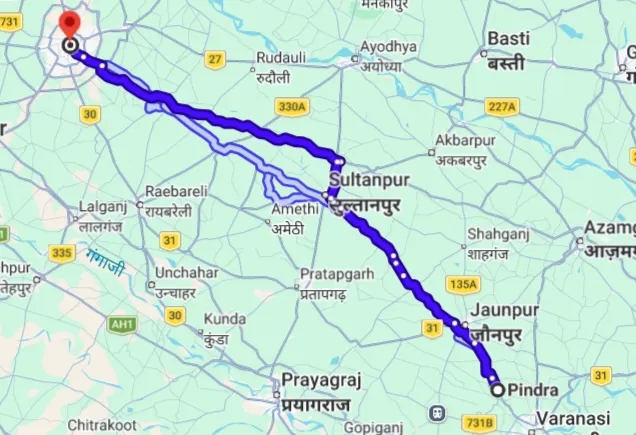 Pindra to Lucknow Route Map