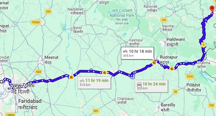 Delhi to Pithoragarh Route Map