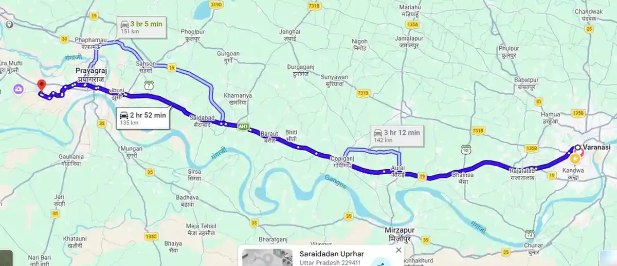 Varanasi to Prayagraj Route Map