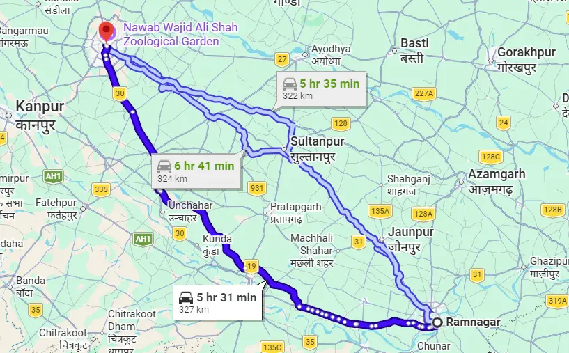 Ramnagar to Lucknow Route Map