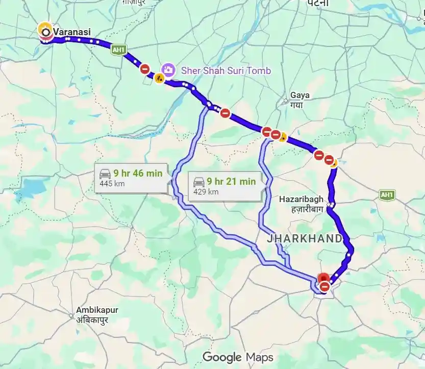 Varanasi to Ranchi Route Map