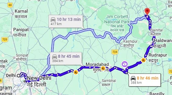 Delhi to Ranikhet Route Map